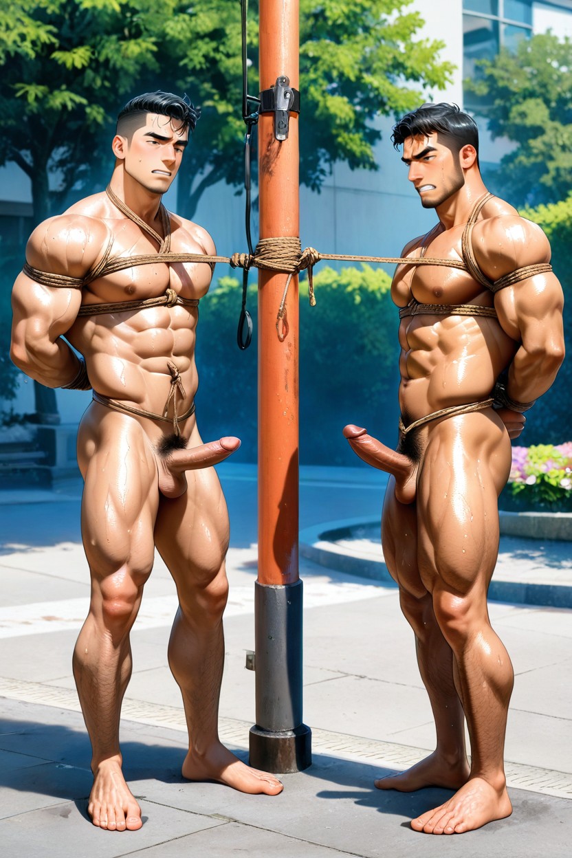 Rope Tied On Arms, Messy Hair, Muscular, Shibari AI Gay Porn