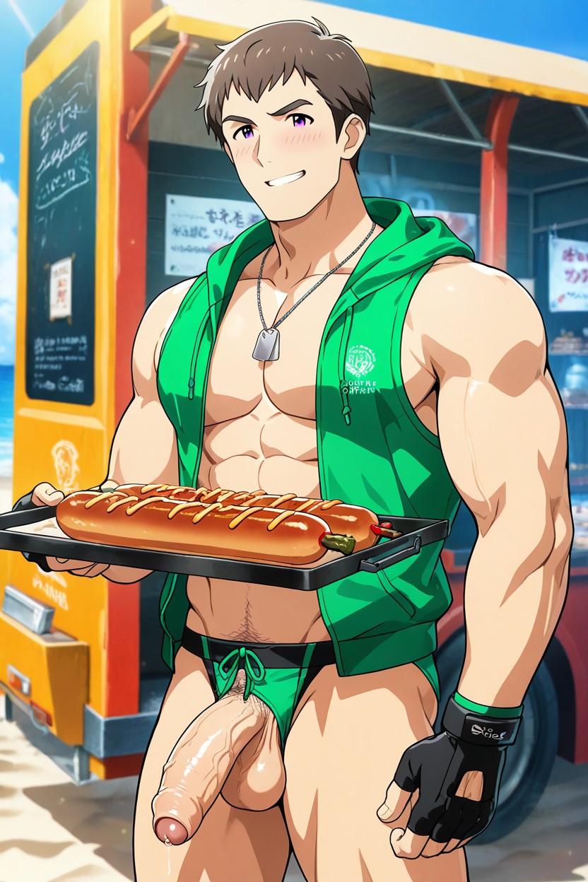 Shingen Seiji Is Selling Sausage Sandwiches With A Tray Hanging Around His Neck, Wristbands, Masterwork AI Gay Porn