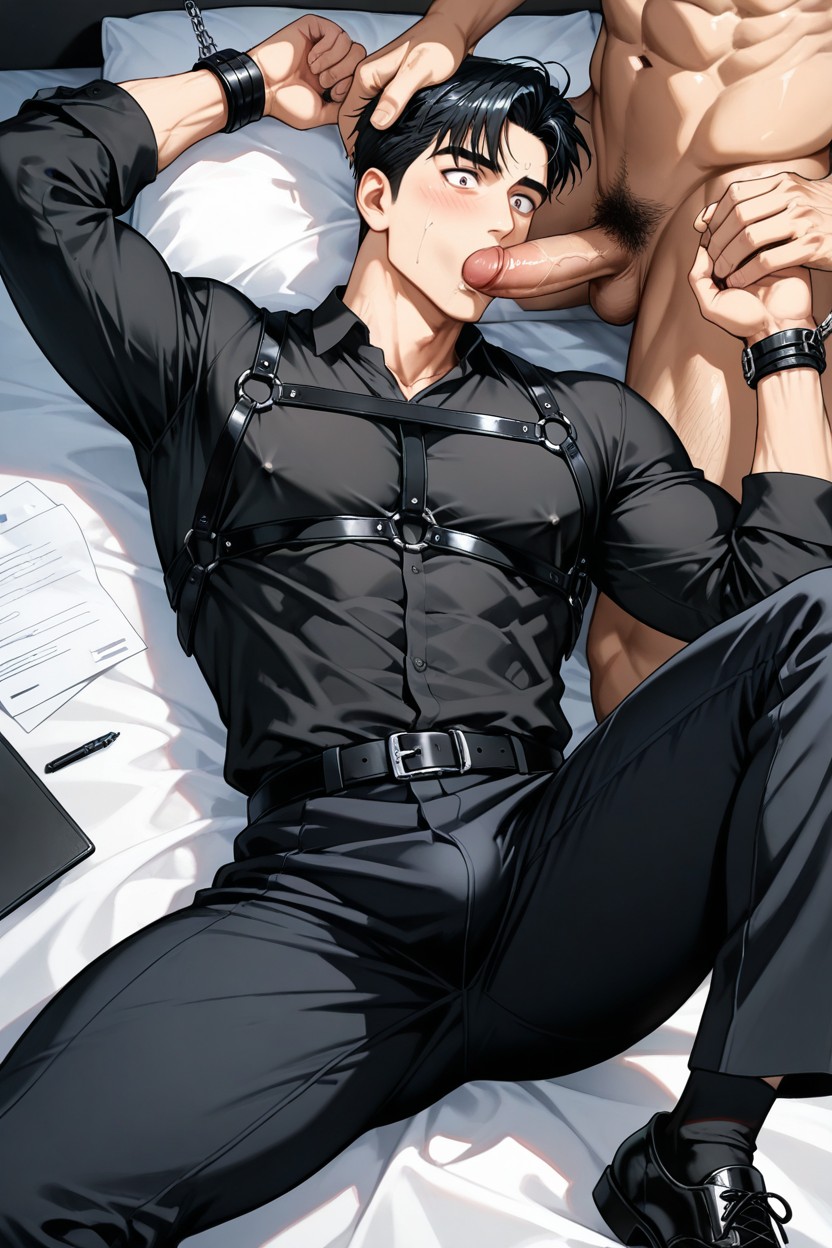 Feet Placed On The Groin, Style Hair Is Curtain, Bound By Chains AI Gay Porn