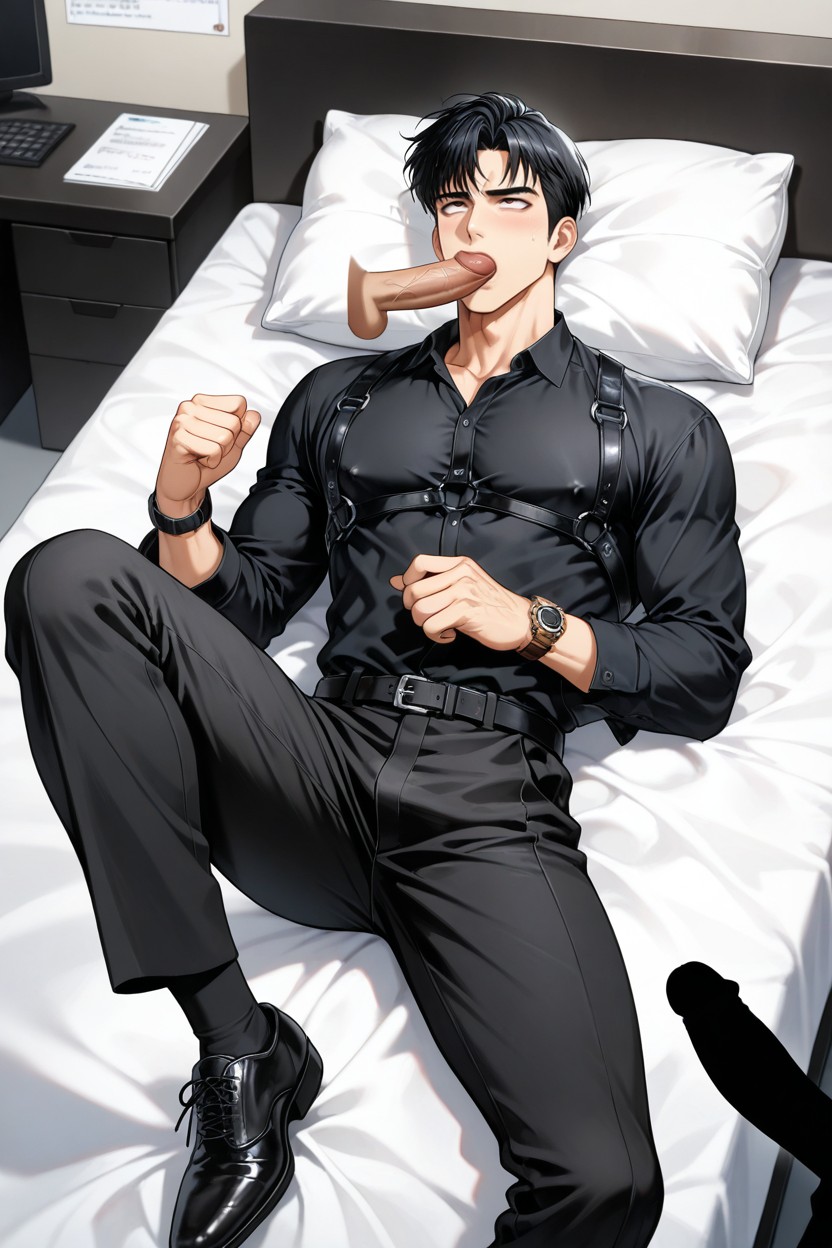 Lift One Leg Onto Bed, Feet Placed On The Groin, Wrist Wearing A Watch AI Gay Porn