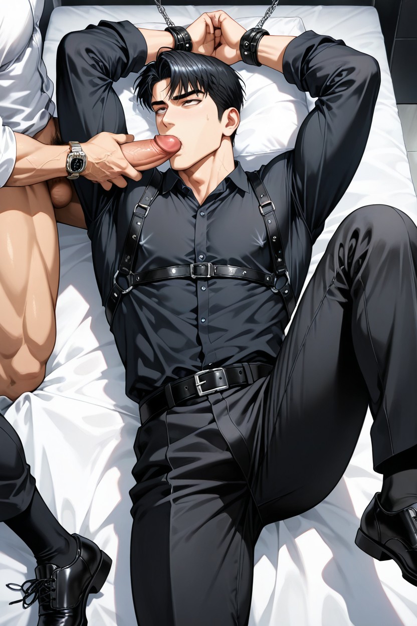 Strap Leather Shirt Harness, Black Belt, White Body AI Gay Porn