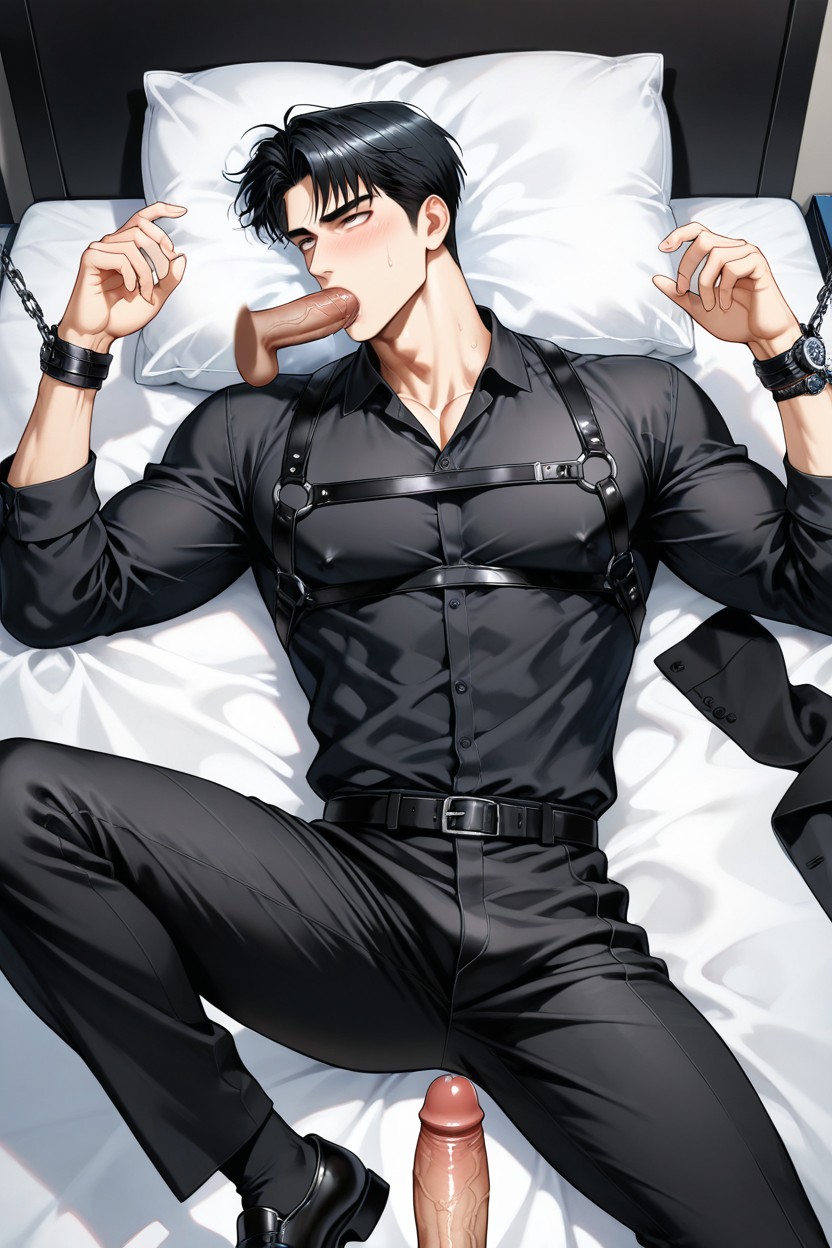 Black Belt, Feet Placed On The Groin, Strap Leather Shirt Harness AI Gay Porn