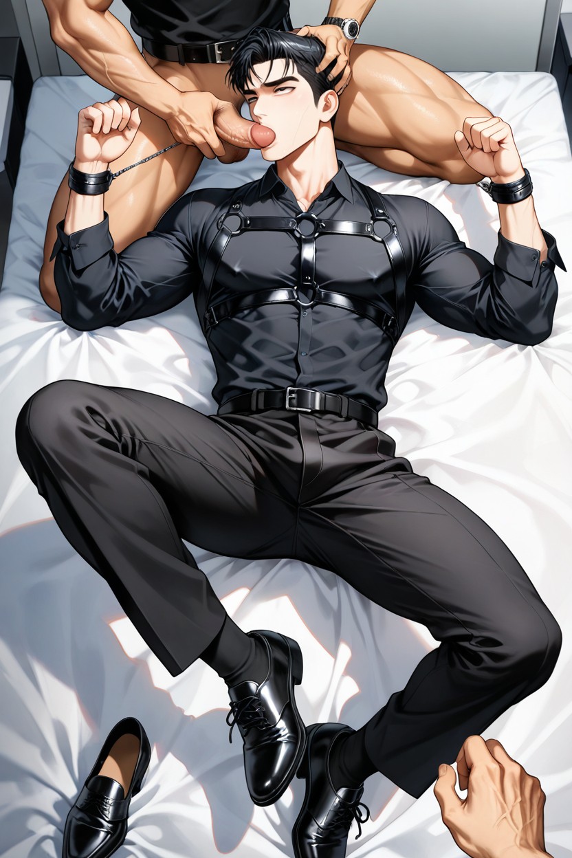 Black Socks And Black Work Shoes, Lying On The Bed, Penis In Mouth AI Gay Porn
