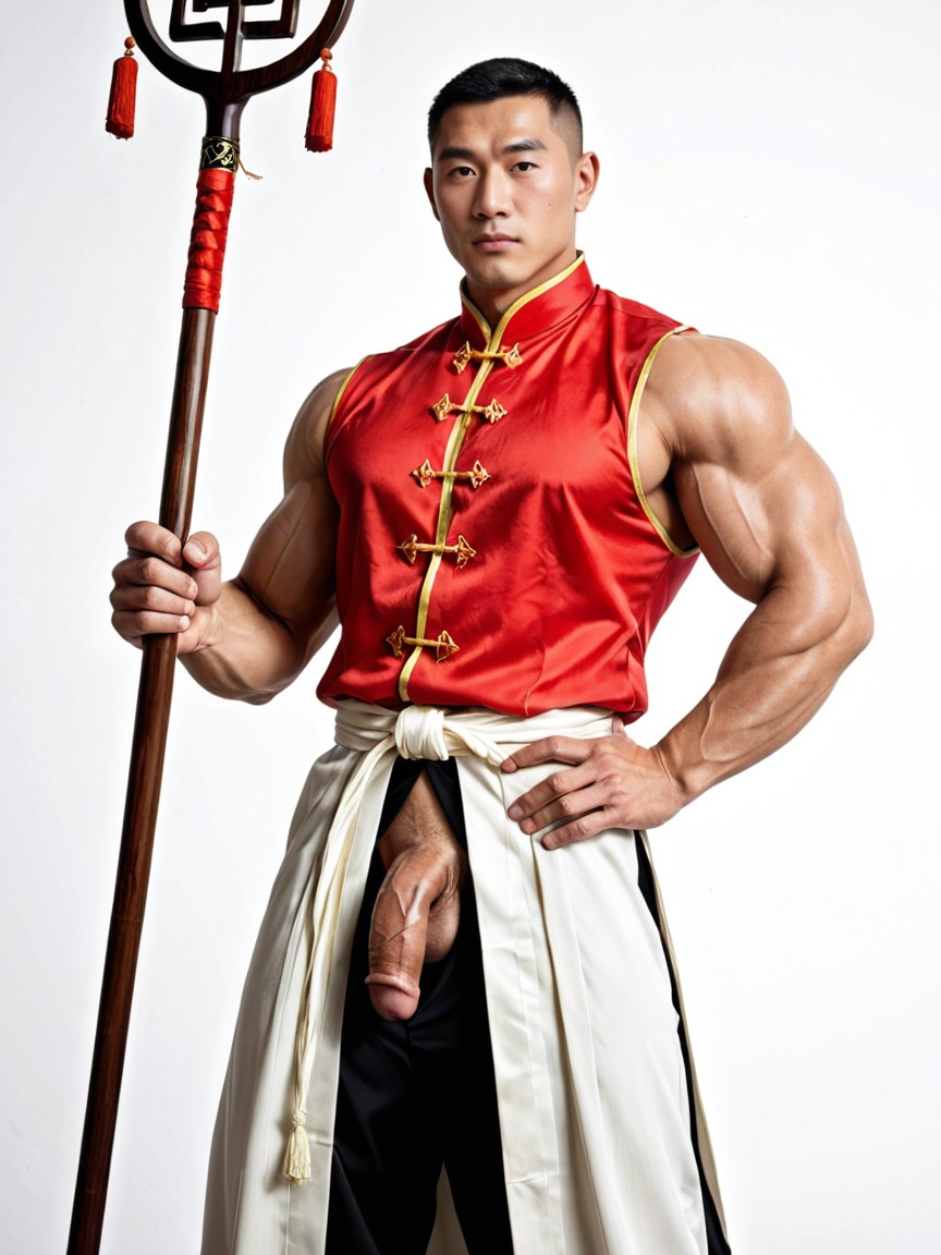 Moyen Uncut Dick Out Of Visible Front Slit On The Trousers, Fully Dressed, Full-length Loose White Fabric Trousers Clearly Visible Below The Tunic AI Gay Porn