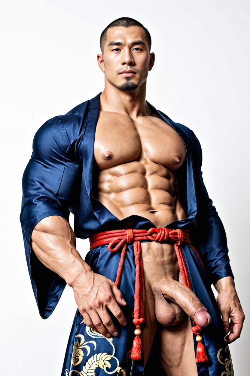 Inner White Long-sleeved Robe, Smooth Skin, Uncut Dick Size Moyen Downward AI Gay Porn