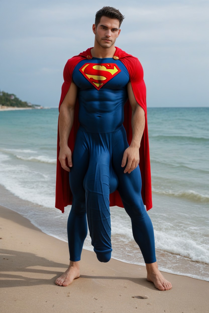 Skin Tight Leggings Clearly Showing Massive Hyper Cock Bulge Outline Underneath, Spandex Wet Look Superman Suit, Massive Pecs AI Gay Porn