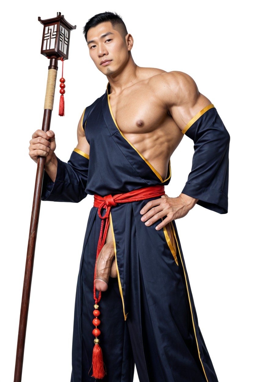 Posing, Traditional Chinese Monk Robe, Wooden Staff Held In One Hand Porno gay IA