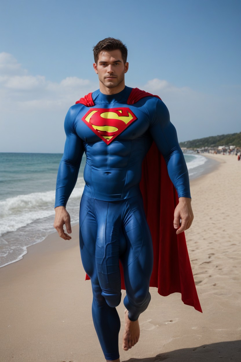 Fully Clothed Muscular Man With Huge Crotch Hyper Cock Bulge Hanging To His Ankles, Fully Covered, 18+ AI Gay Porn