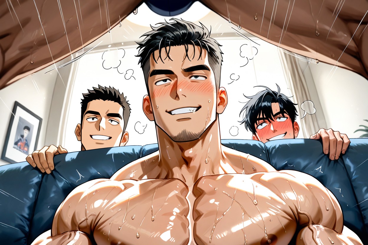 Guys Side By Side On The Couch, Bulging, Hyper Detailed AI Gay Porn