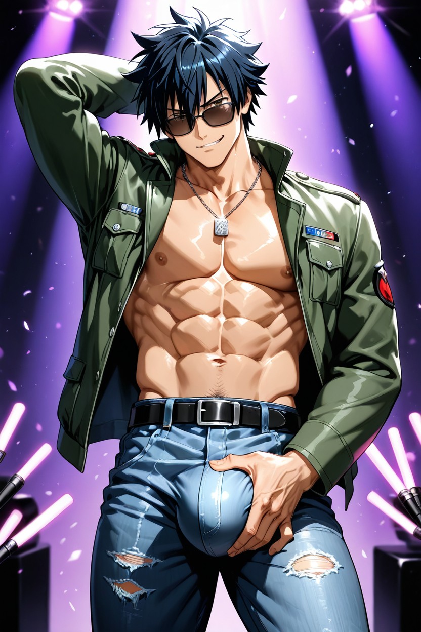 Crotch Grab, Purple Led Lighting, Brown Eyes AI Gay Porn