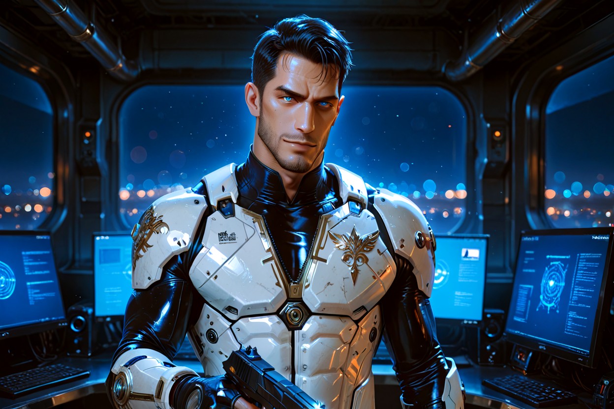 Starship Corridor, Dramatic Side Lighting, Close-cropped Hair Porno gay IA