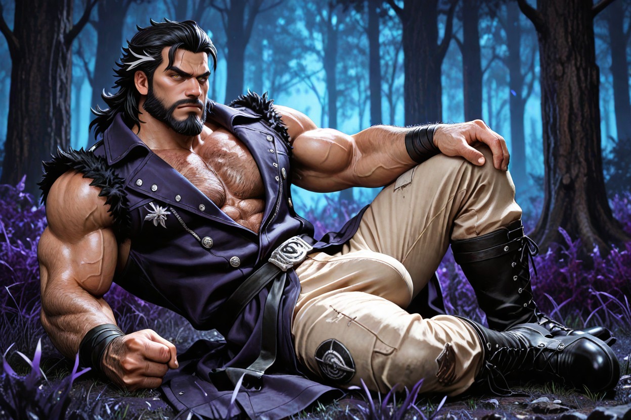 Right Hand On Chin, Large Silver Metal Buckle, Sleeveless Dark Violet Coat AI Gay Porn