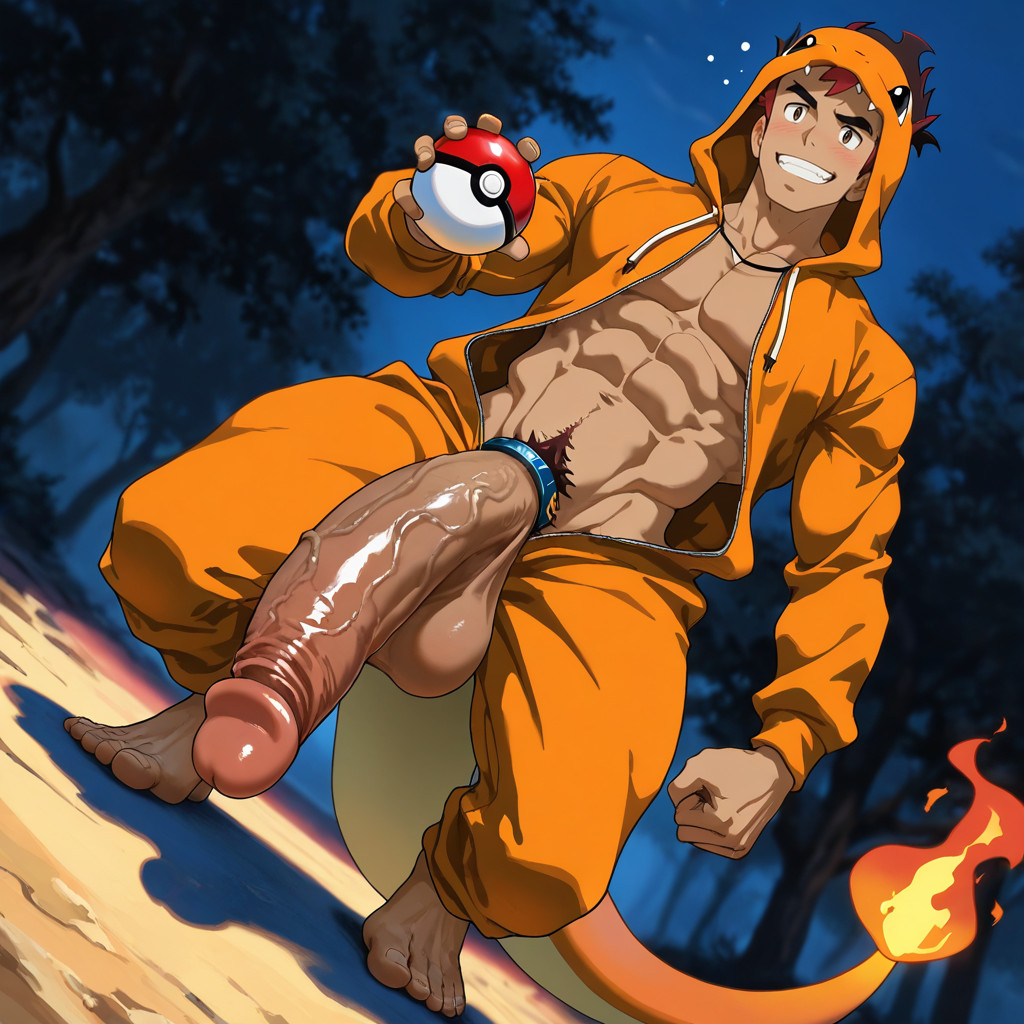 Holding A Pokeball, With Red Hair Strand, Squatting AI Gay Porn