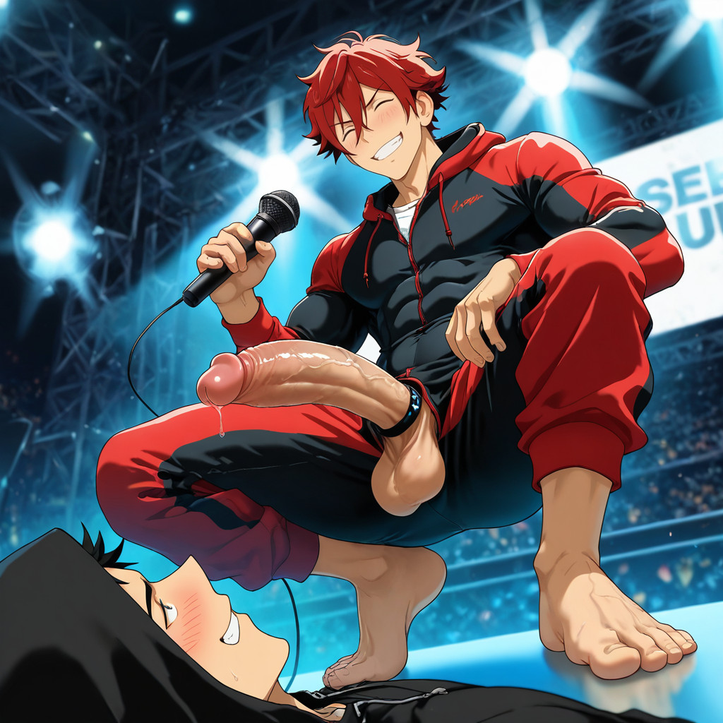 Blushing, Tall Physique, Wearing A Black And Red Onesie AI Gay Porn