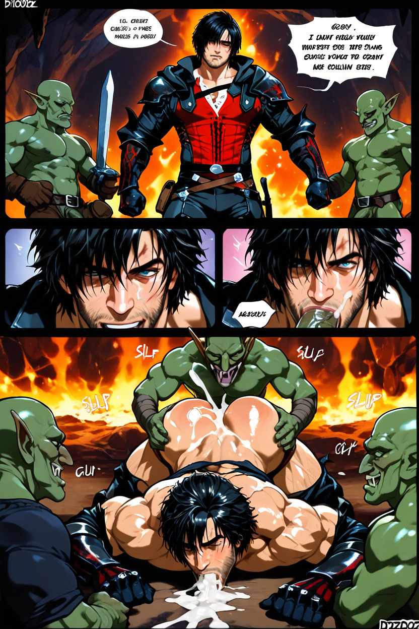 Goblins Fucking A Man, Oiled Skin, Man Happily Giving Goblins A Blowjob AI Gay Porn