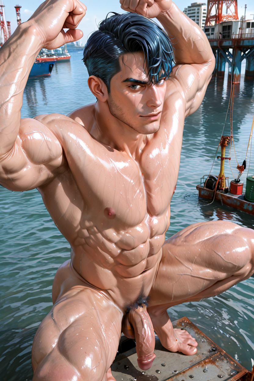 Pumped-up Muscular Thigh Muscles, Rosy Skin Undertone, Close Up AI Gay Porn