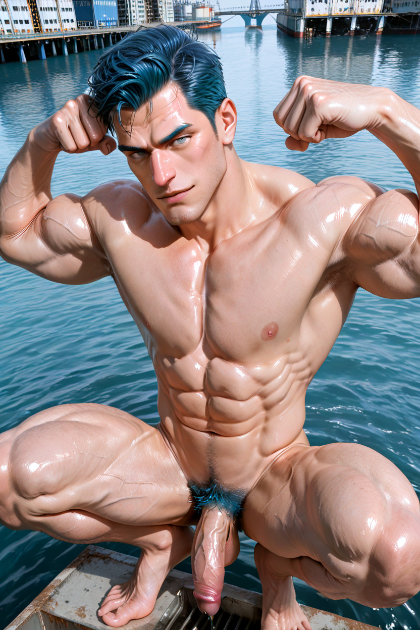 Straight-bridged Nose, Pumped-up Large Muscular Biceps, Squatting AI Gay Porn
