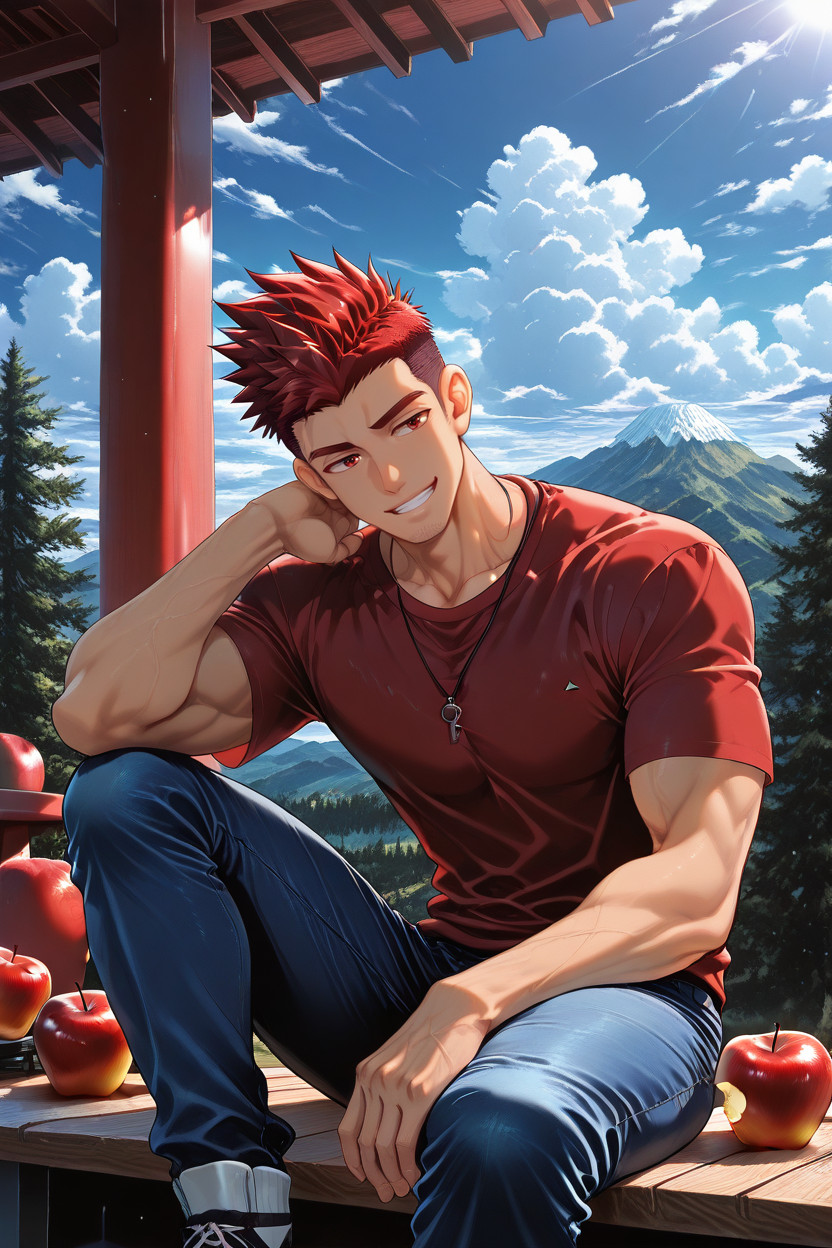 Same Body Type, Wearing A Red T-shirt And Blue Jeans, Sitting AI Gay Porn