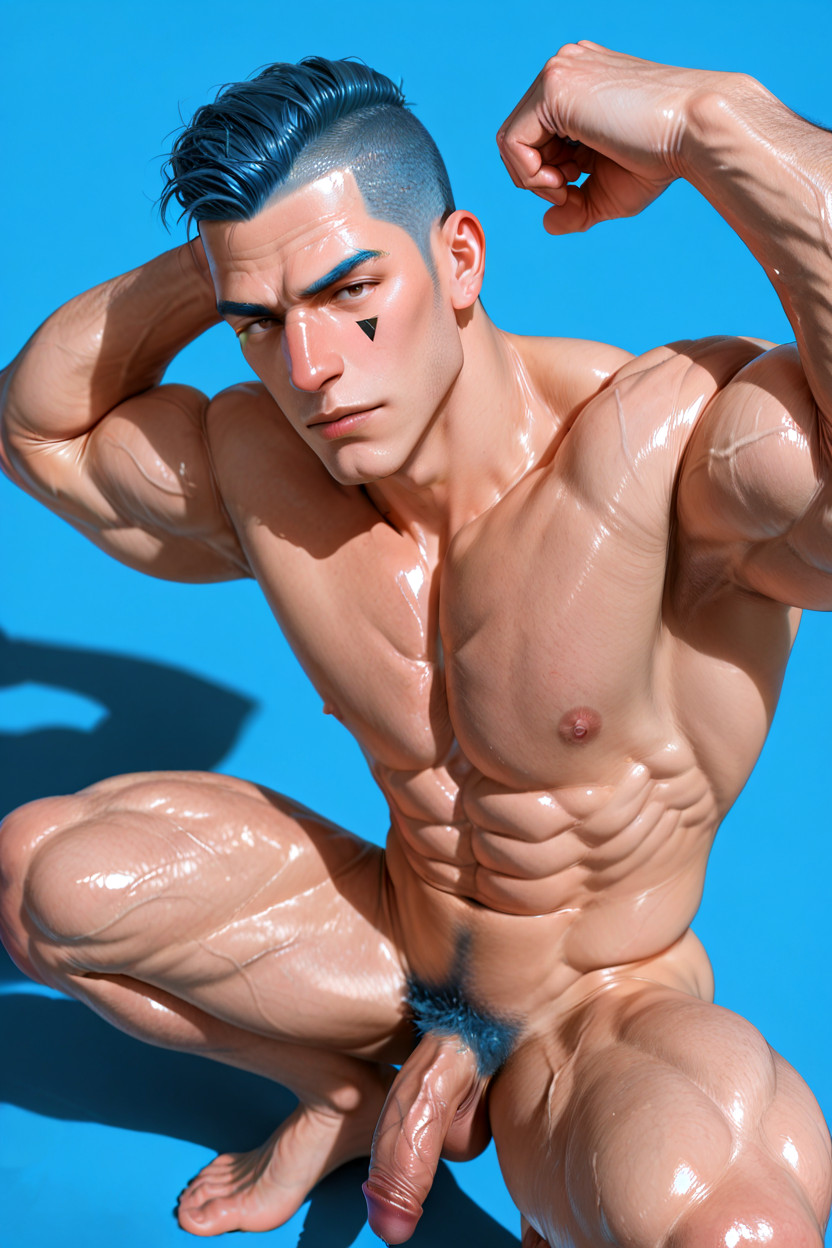 One Low-hanging Scrotum, Blue Pubic Hair, Close-up Viewing Distance On Face AI Gay Porn