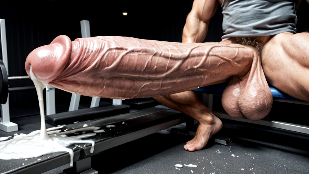 Legs Hanging Off Sides, Shaft Running The Length Of The Bench, Hyper Gigantic Macro Penis AI Gay Porn