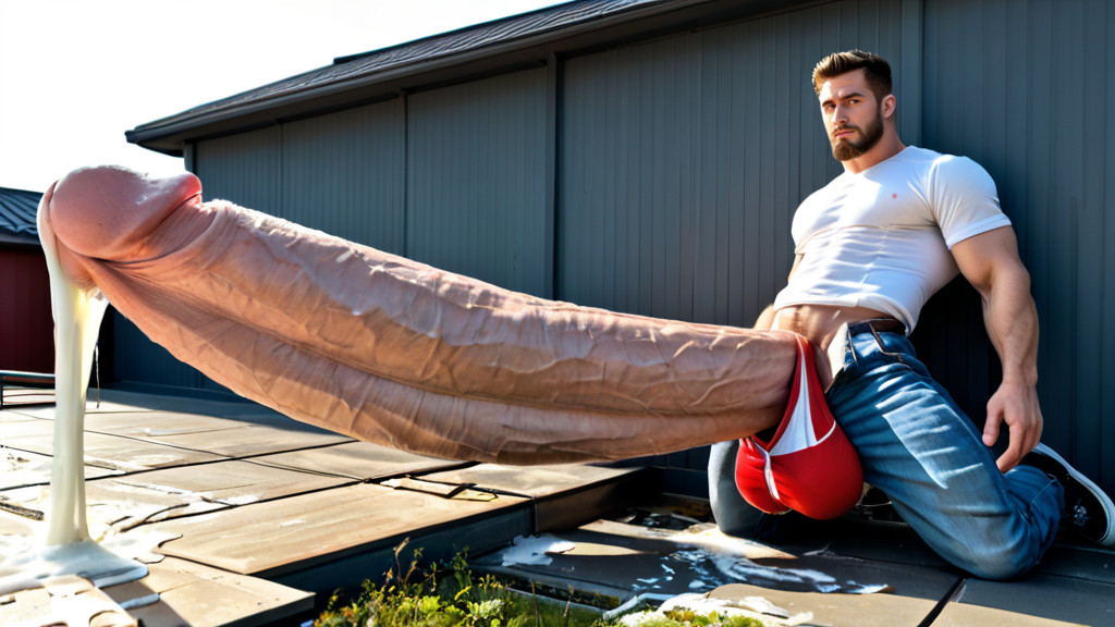 Impossibly Thick Macro Penis, Full Beard, Legs Hanging Off Sides AI Gay Porn