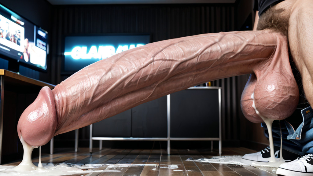 Macro Cock Much Bigger Than Body, Athletic, Huge White Cumshot Flooding The Floor AI Gay Porn