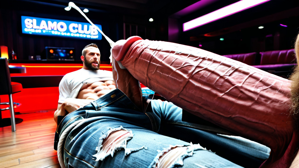 Hyper Gigantic Macro Penis, Mouth Stretched On The Head, Shirt Open AI Gay Porn