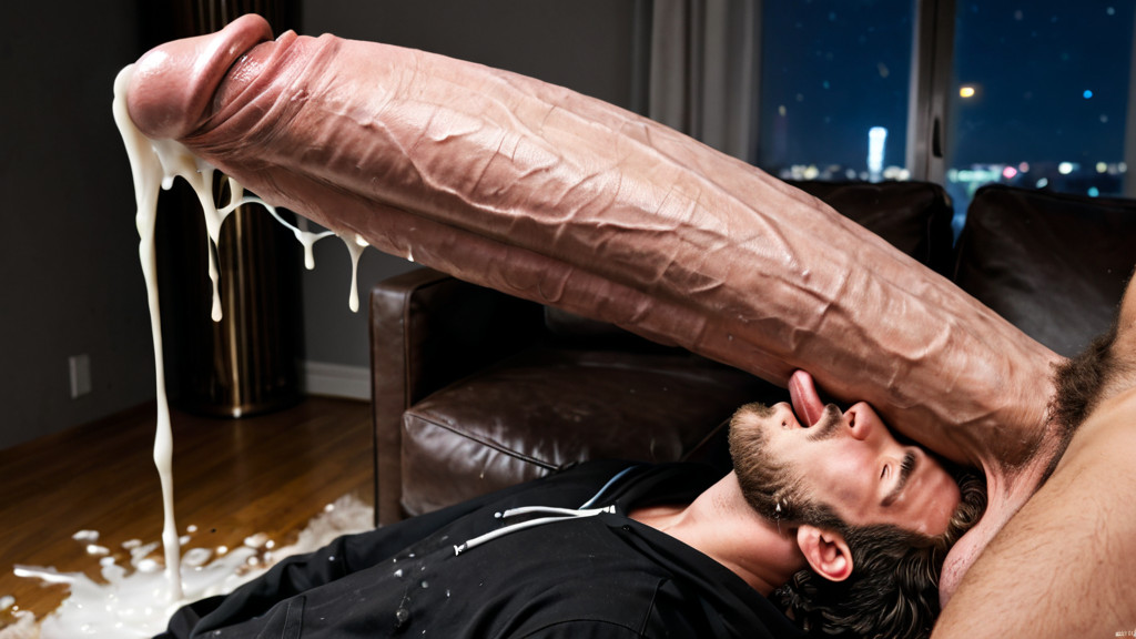 Mouth On His Own Cock, Gigantic Oversized Hyper Penis, Lips On His Own Glans AI Gay Porn