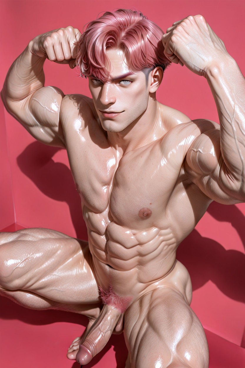 Pair Of Pink Areolae With Pink Nipples, Pumped-up Large Muscular Biceps, Philtrum AI Gay Porn