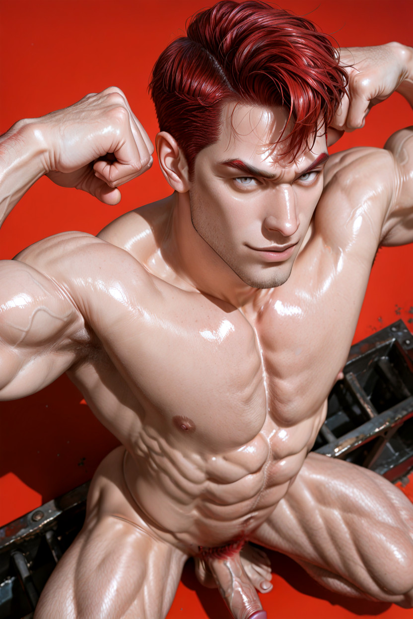 Crimson-red Hair, Pumped-up Large Muscular Biceps, Close Up AI Gay Porn