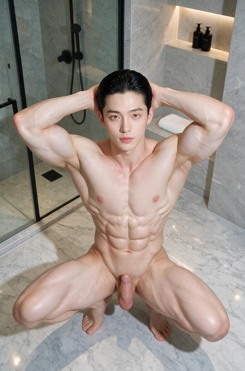 Pumped-up Muscular Hips, Intricately-designed Modern Pristine Bathroom Of A High-end Modern Penthouse, Side View AI Gay Porn