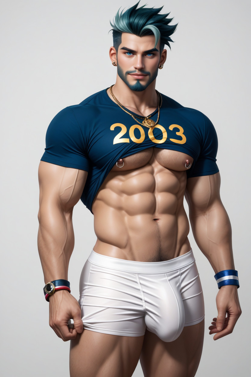 Finger Rings Pulling Down Boxers, T-shirt Pulled Up, Muscular Legs AI Gay Porn