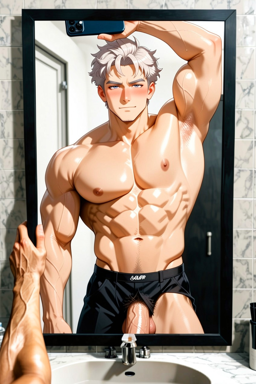 Thick Muscular Forearm, Realistic Bathroom Mirror Reflection, Expressive Light Brown Eyes Porno gay IA