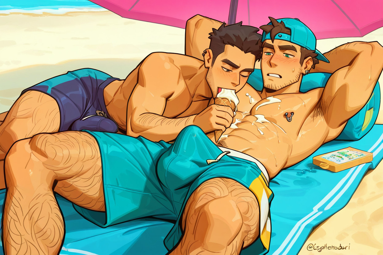 Medium, Beach, Ice Cream Stain On Bulge AI Gay Porn