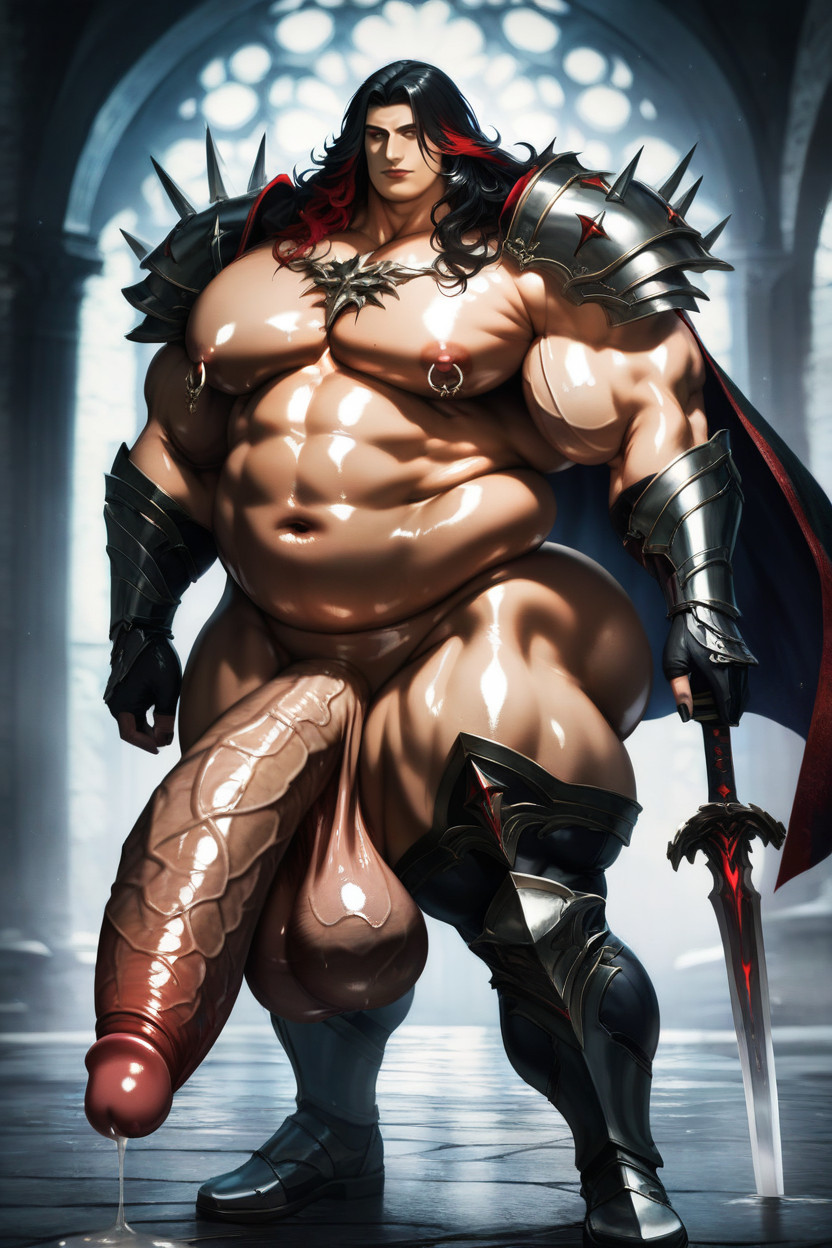 Holding Sword, Hyper Thick Muscular Body, Gigantic Oversized Sagging Balls AI Gay Porn