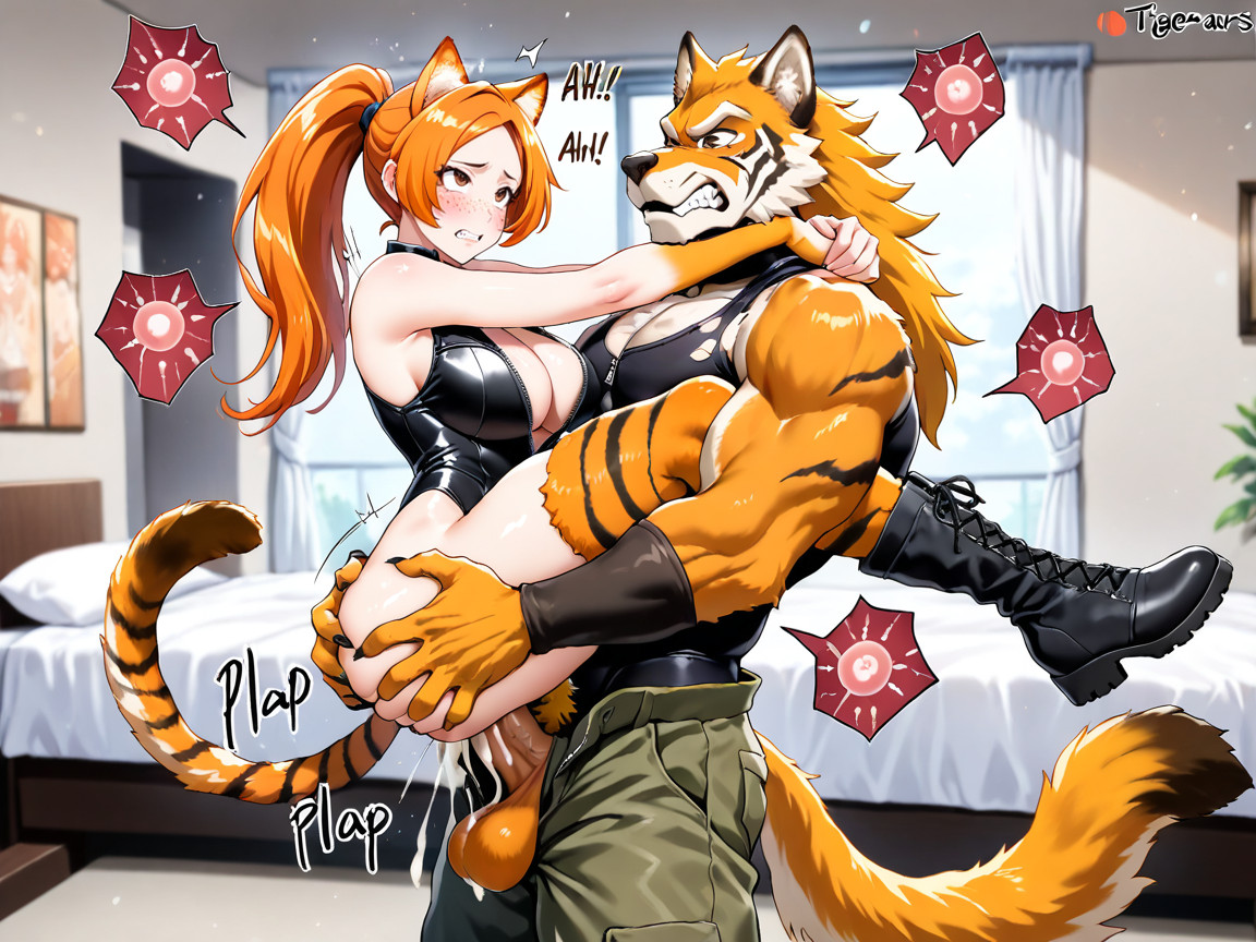 Ripped Clothes , Ginger, Tigerfur Legs Wearing A Black Leotard With Unzipped Chest And Boobs AI Gay Porn