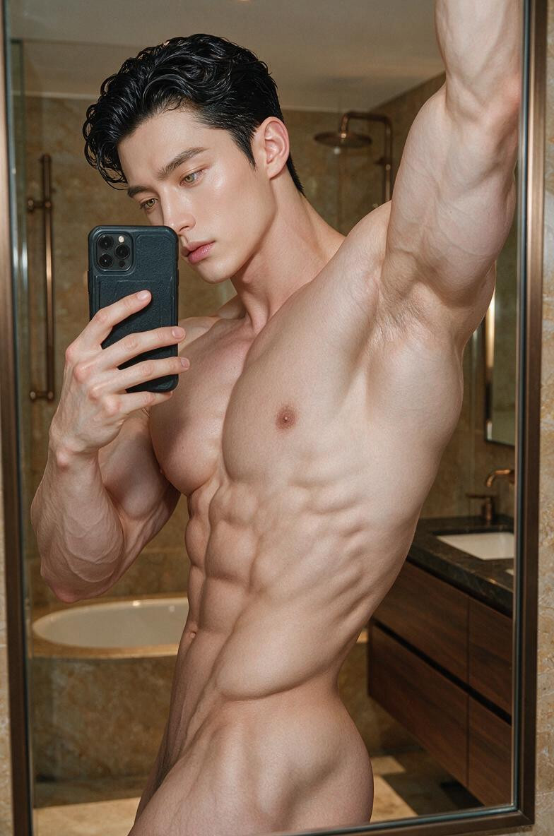Dark Walnut Vanity, Gaze Directed Toward The Smartphone Being Held, Realistic Reflections Porno gay IA