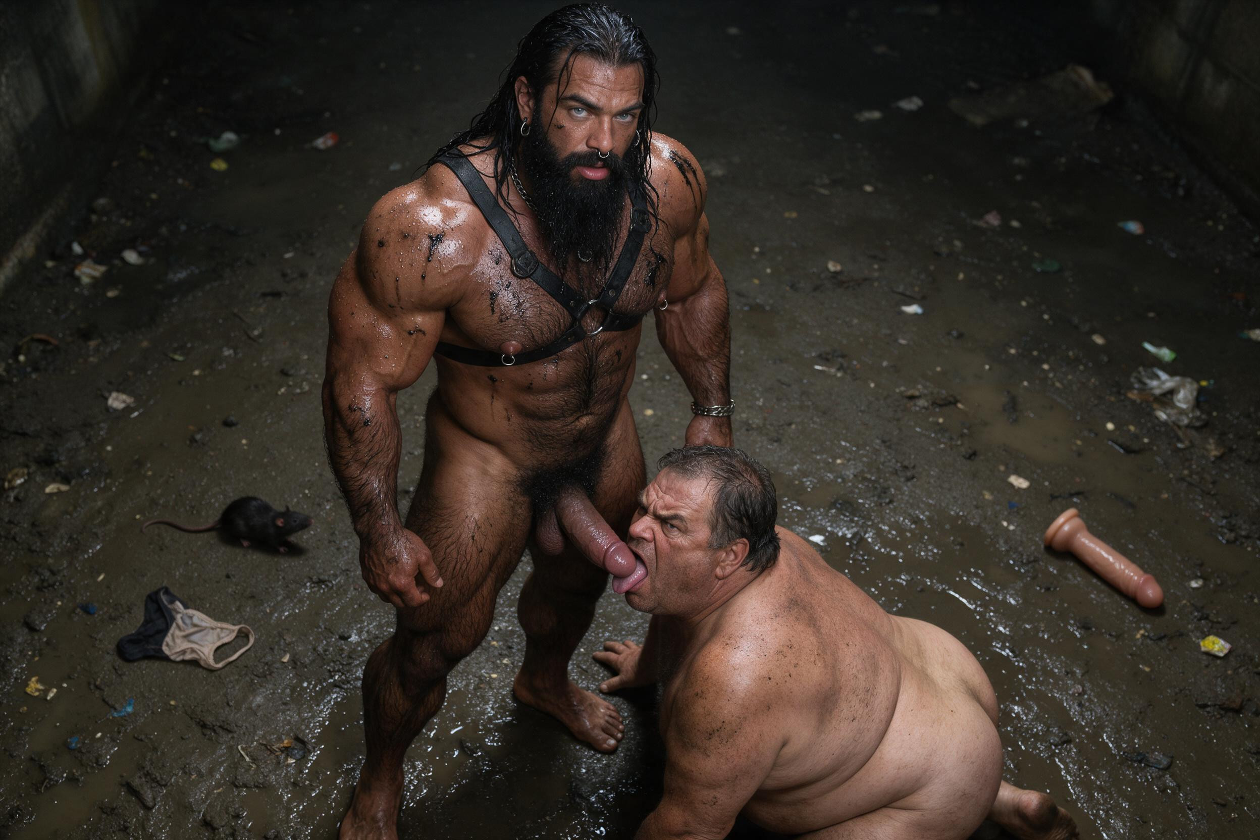 Muscular, Engine Oil Stains On Body, Massive Calves AI Gay Porn