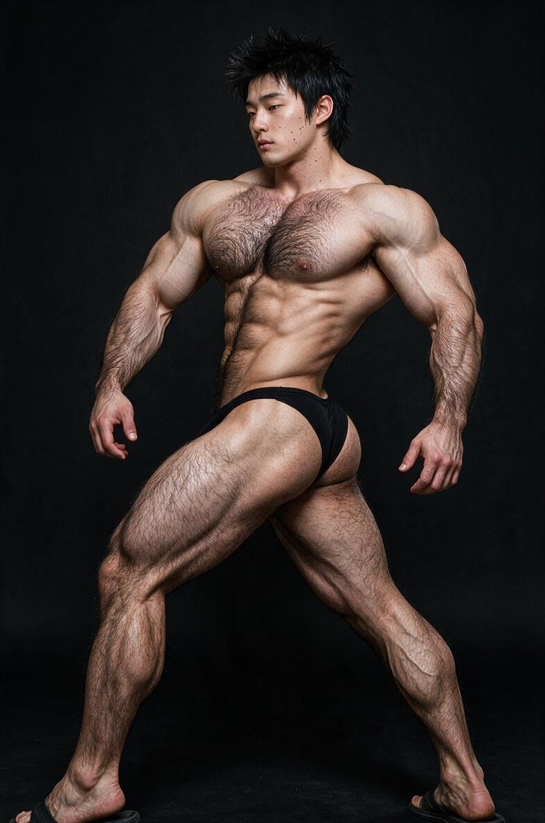 And Serious Face, Smooth Face Lying On Back, Huge Pecs Well Defined Korean Man AI Gay Porn