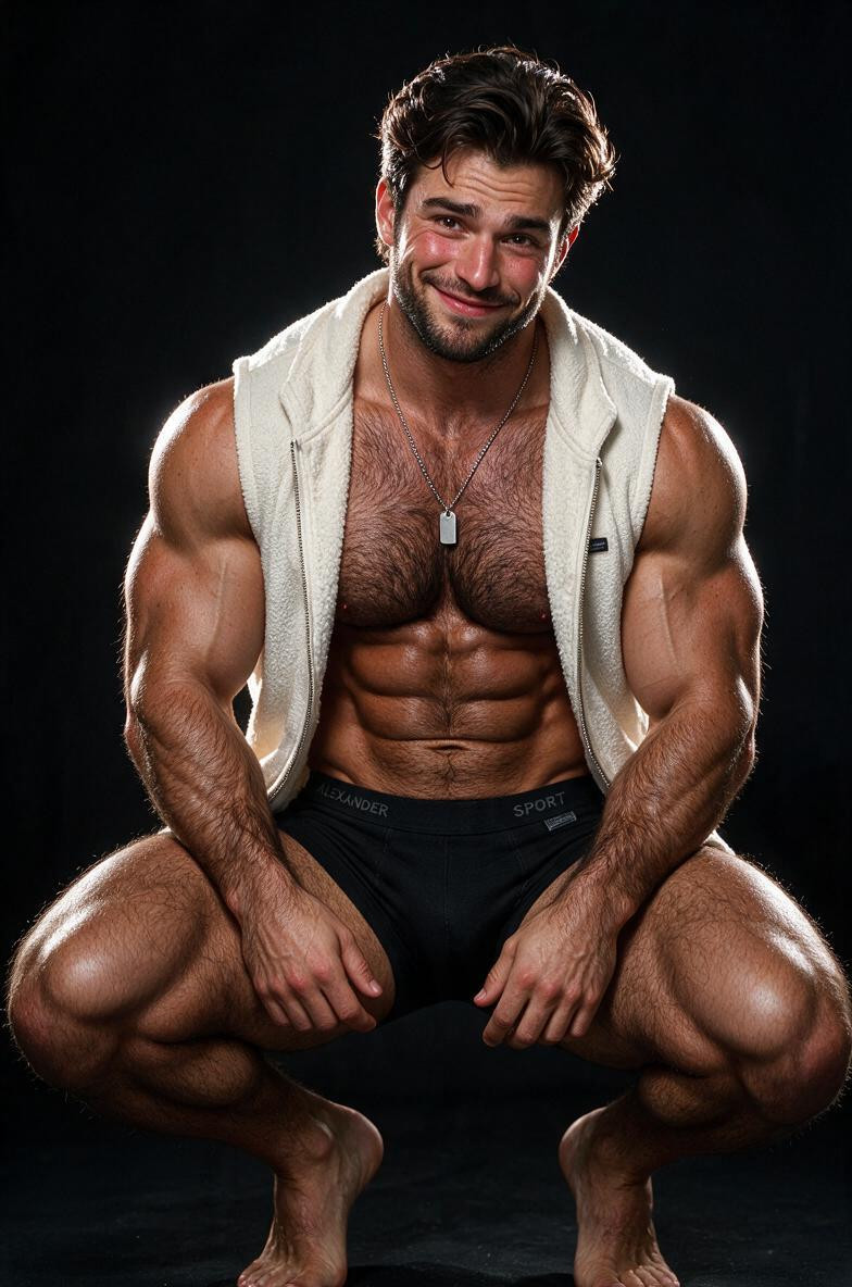 Extremely Hairy Body, Lying On His Back, Huge Pecs AI Gay Porn