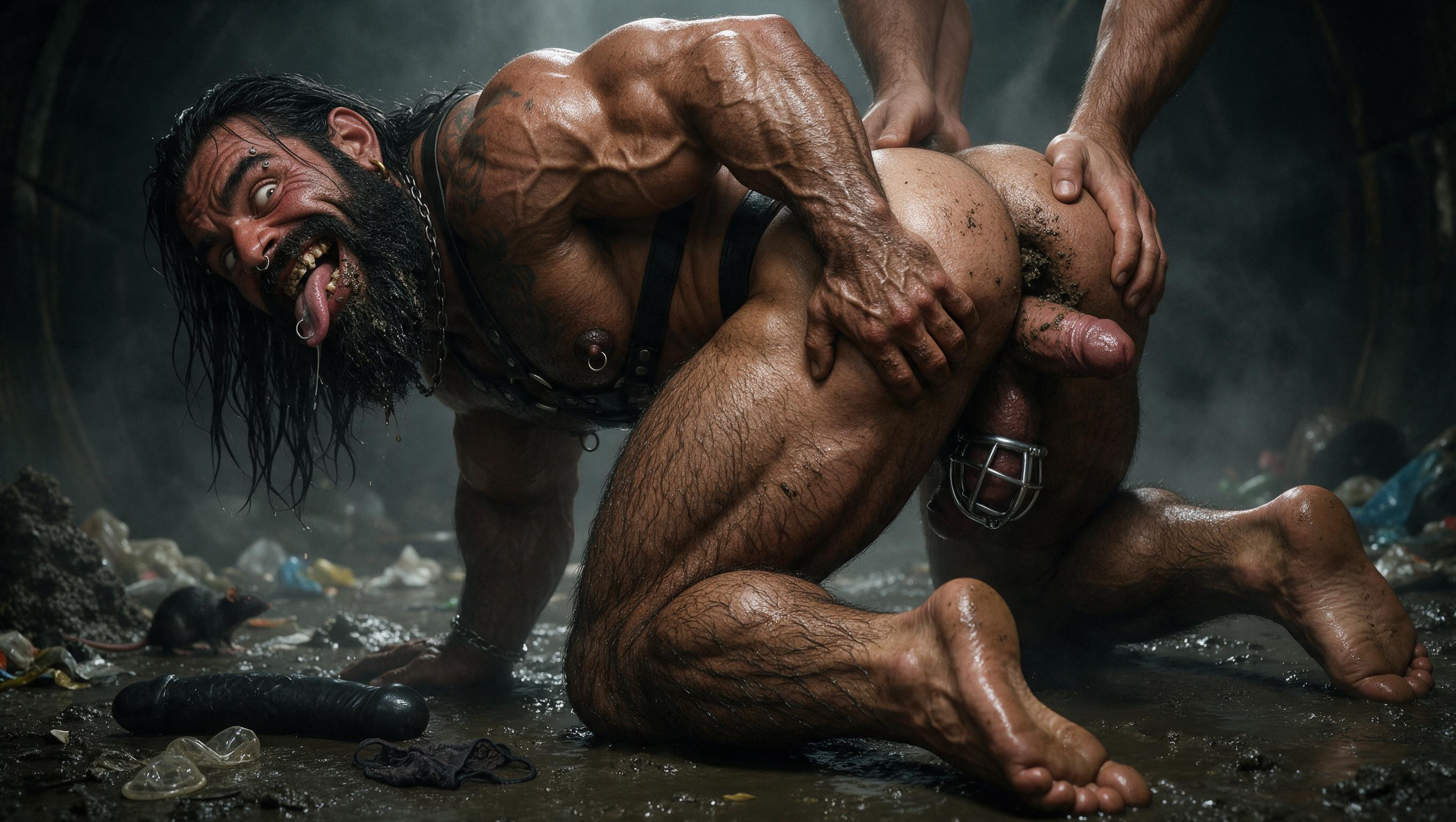 Cock Chastisty Cage, Dark Brown Skin, Chipped Teeth AI Gay Porn