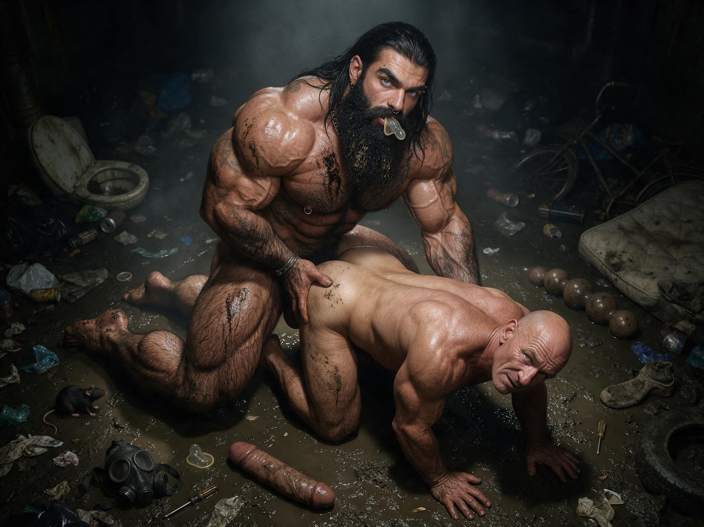 Skin Covered In Tattoos, Old Shoe On Floor, Bodybuilder AI Gay Porn