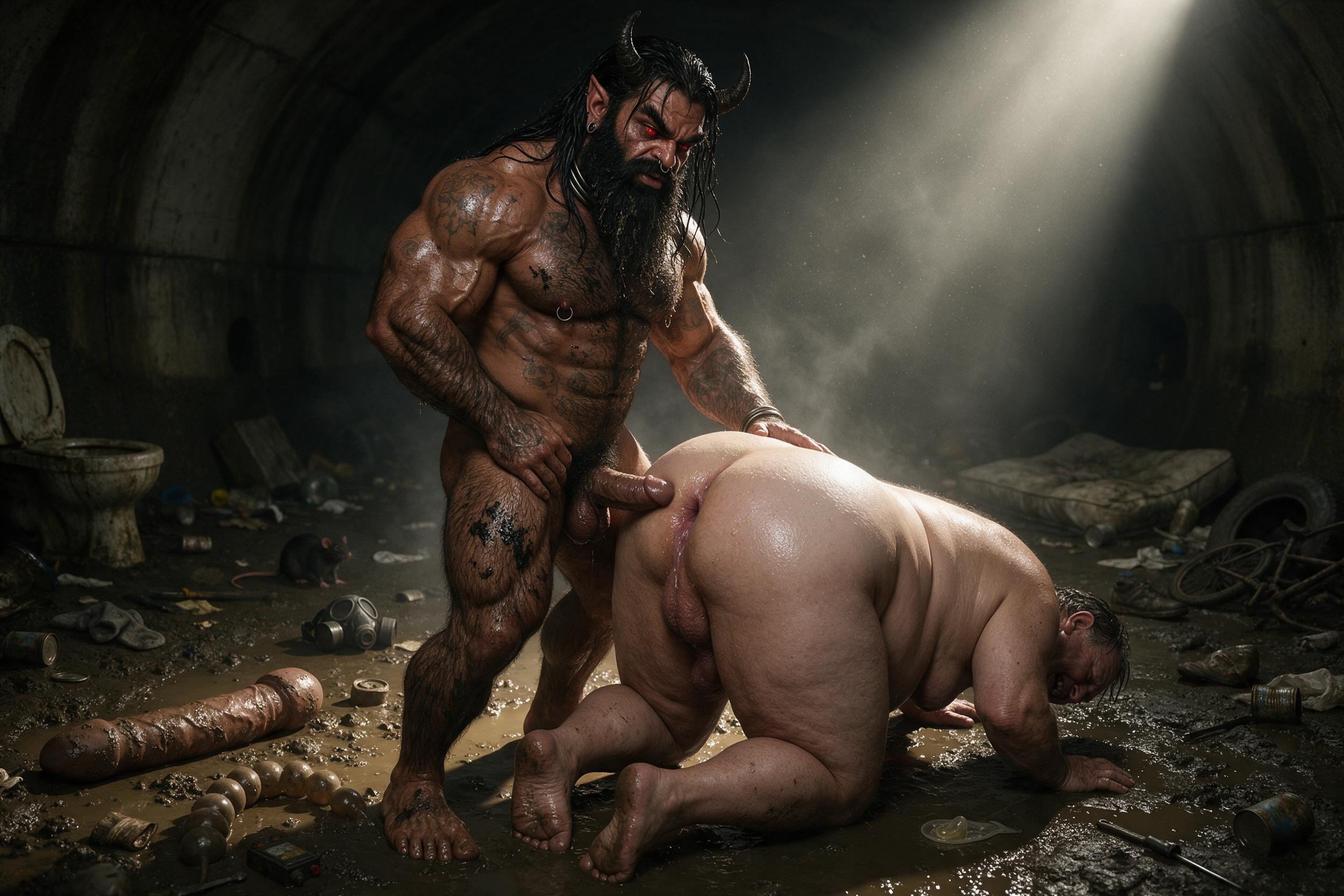 Empty Cans On Floor, Mud On Beard, Gas Mask On Floor AI Gay Porn