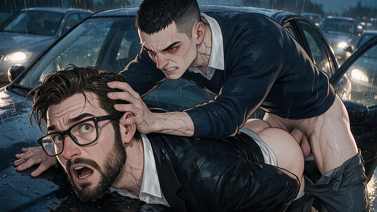 A Well-groomed Full Dark Beard, And Groin Exposed @lucid - Dark Cyprien Wears A Drenched White Collared Dress Shirt Beneath A Soaked Dark Charcoal Navy Blue Knit Sweater Clinging With Rainwater @lucid - Dark Cyprien Has Dark Hair Styled In A Cropped French Crop Haircut With Textured Fringe And Faded Sides, While His Right Open Palm Rests Directly On The Wet Hood For Balance @lucid - Dark Cyprien Looks Downward Beside The Businessman's Neck With A Furious AI Gay Porn