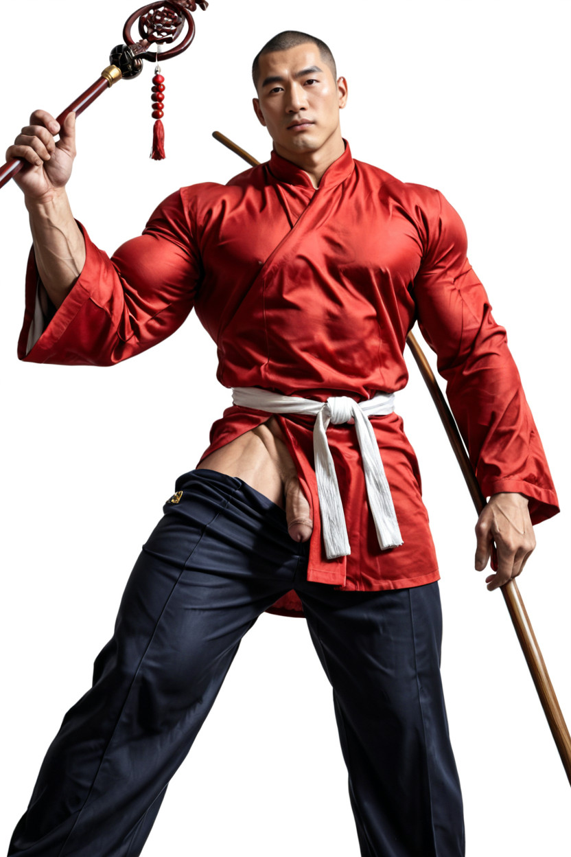 Moyen Flaccid Size Penis, Wooden Buddhist Staff Held In One Hand, Angle Positioned Below The Crotch AI Gay Porn
