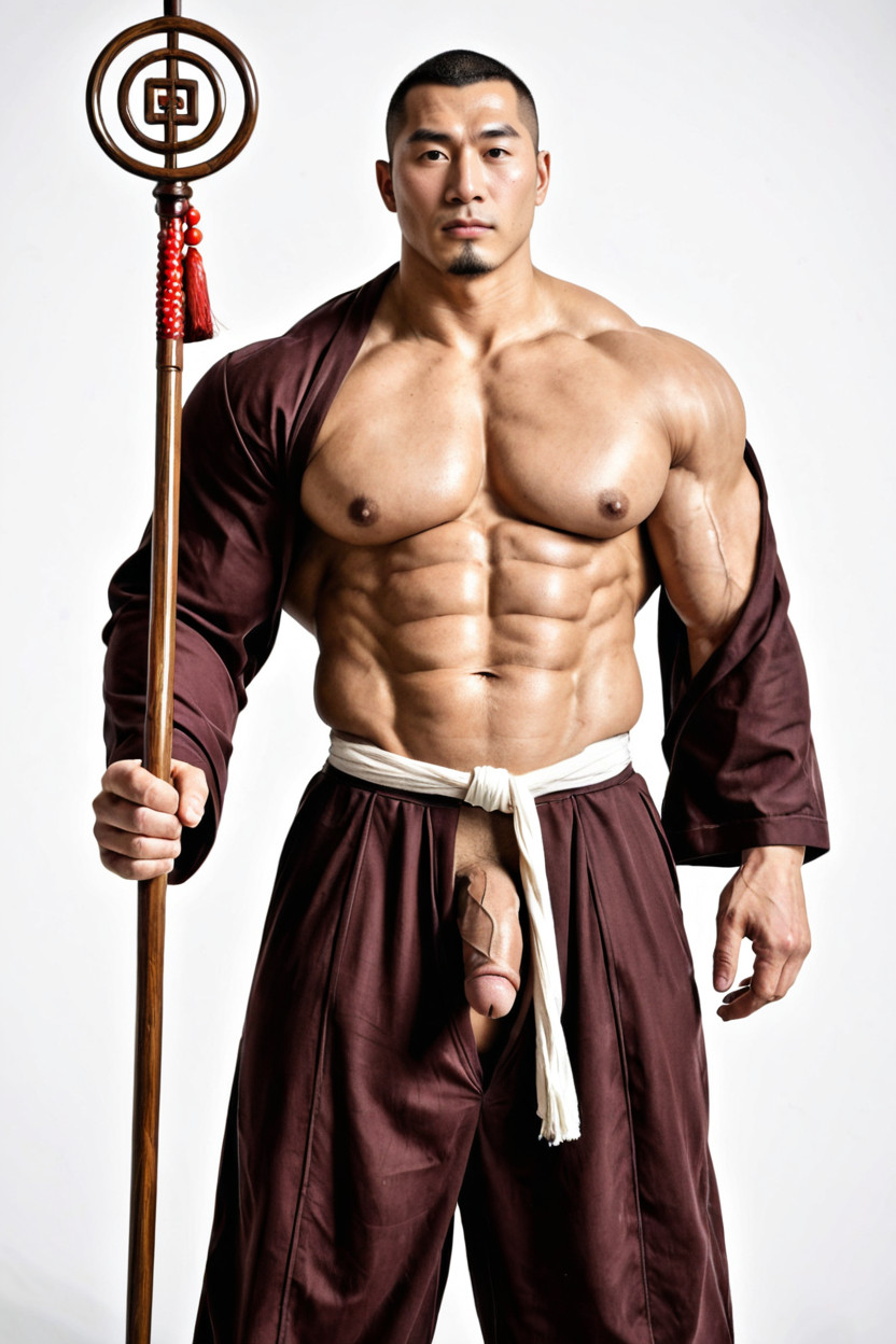 Looking Sharply Upward, Broad Shoulder, Wooden Buddhist Staff Held In One Hand AI Gay Porn