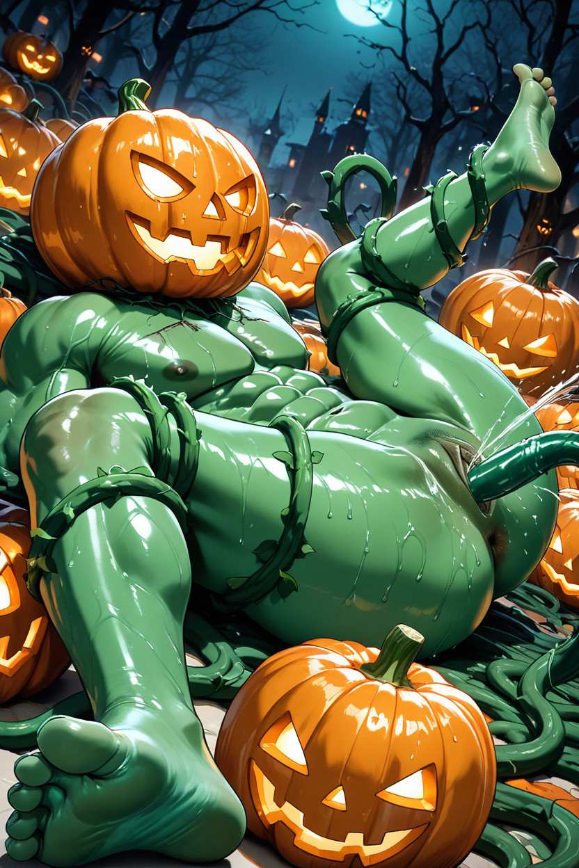 Spread Legs, Showing Pussy, Jack-o'-lantern Head AI Gay Porn