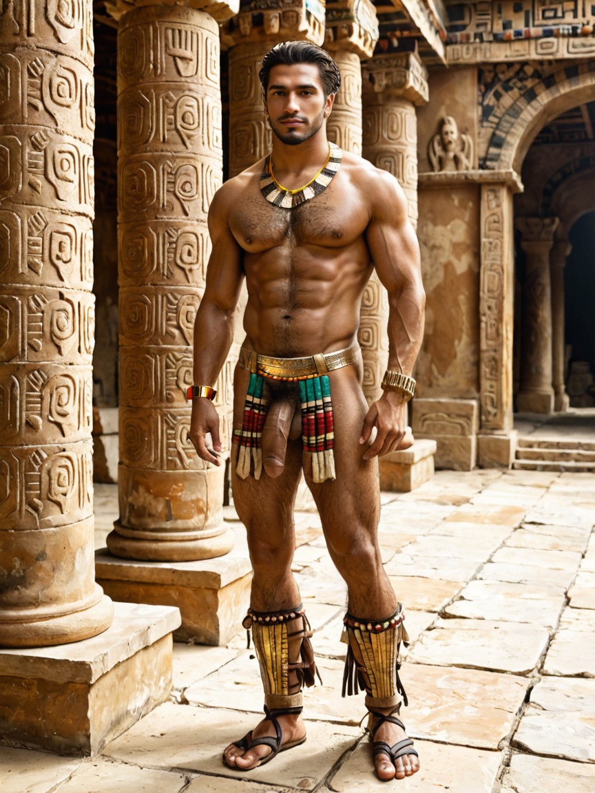 Walking In A Glamorous Gay Aztec Palace, Square Pecs, Full Body AI Gay Porn