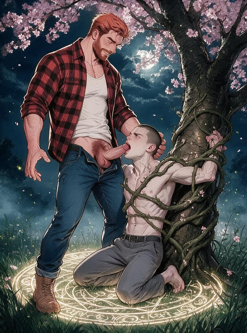 Use The Reference Image As The Base Image Modify The Branches Of The Blossoming Tree So That Thick Living Roots And Tree Branches Wrap Securely Around The Upper Body, The Camera Perspective, Holding His Right Hand Open With The Palm Angled Toward The Floor Add An Intricate AI Gay Porn