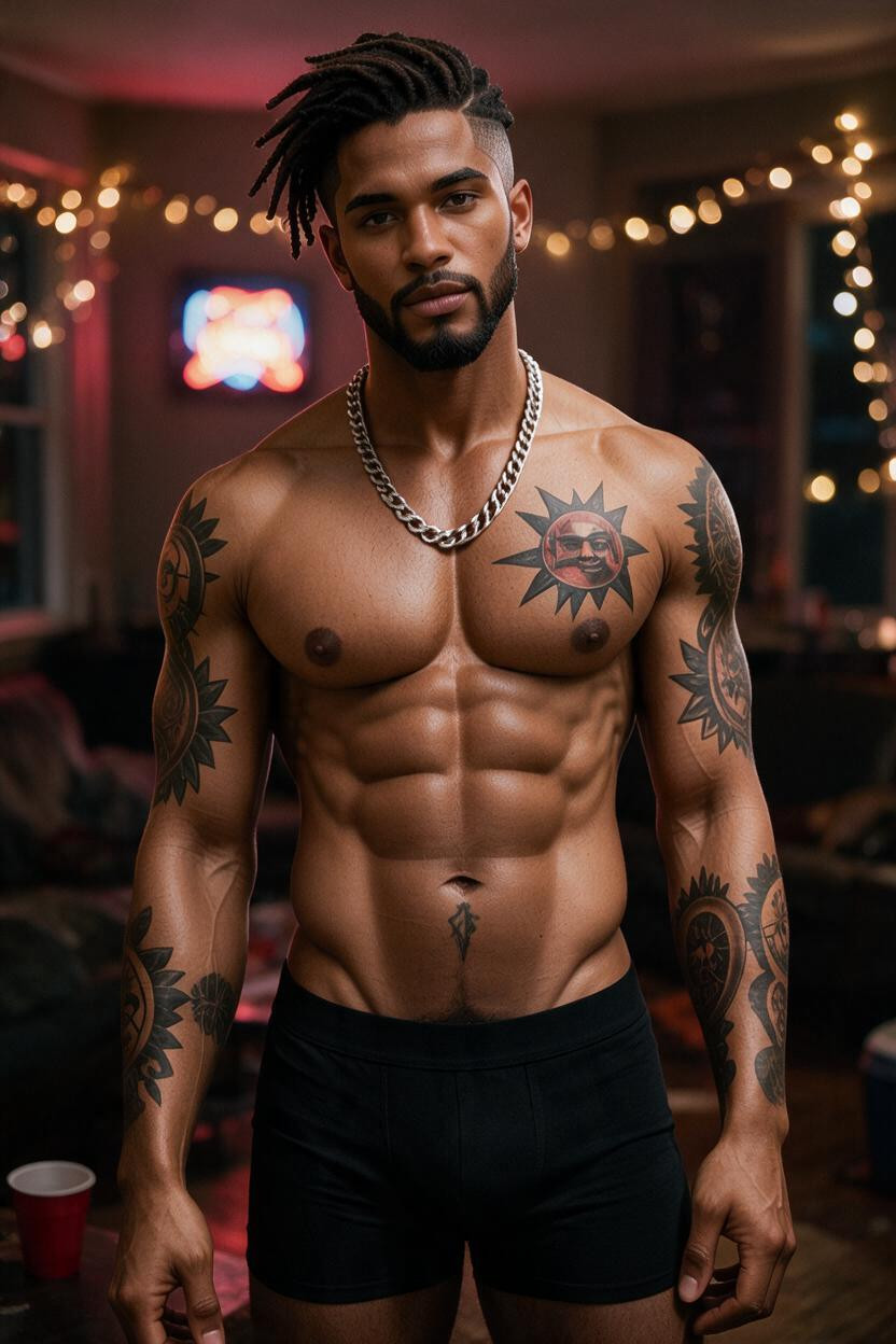 Cinematic Lighting, Keep Image As Is Except Make It Photorealistic, In An Empty College Frat House Living Room At Night Warm Dim Lighting From String Lights And A Glowing Neon Sign Porno gay IA